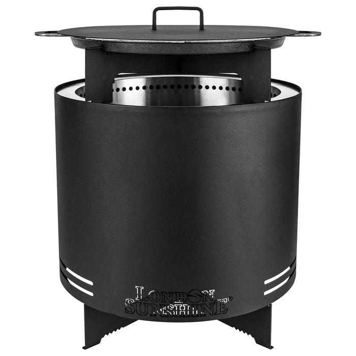 London Sunshine Portable Smokeless Fire Pit - Large Stainless Steel Wood Burning Fireplace with BBQ Grill Attachments - 19.5” Diameter