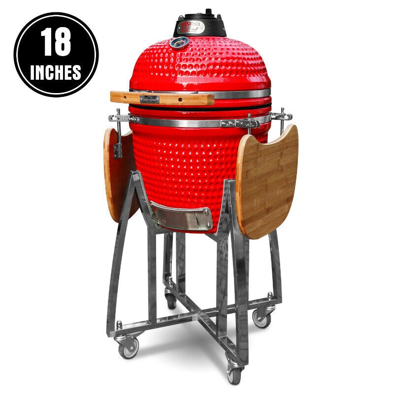 Ceramic 18″ Kamado BBQ Smoker Grill with Stand and Bamboo Sideboard - Colors: Red/Black/Orange/Green