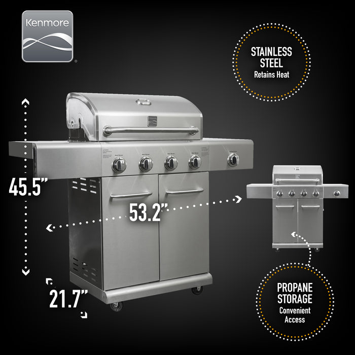 Kenmore - 4 Burner Gas Grill Plus SEARING Side Burner - All Stainless ...